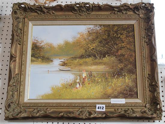 Oil on canvas, river scene by Les Parson